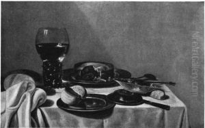 Still life with roemer and pie on a draped table by Pieter Claesz