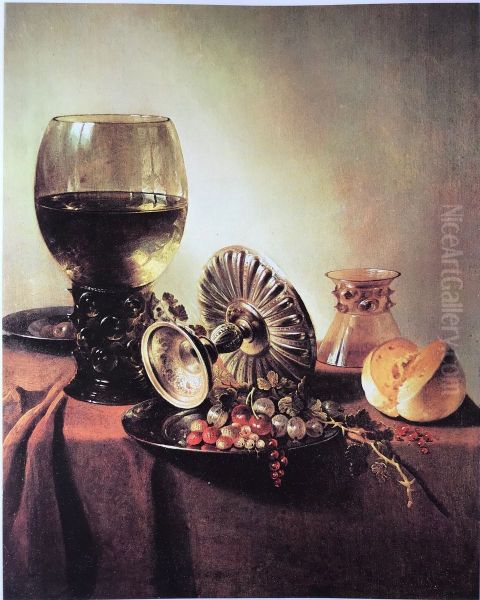 Still life with roemer and fallen tazza with inverted berkemeyer on a table - view 1