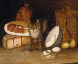 Ham, cheese, eggs, lemons and a cat with a captured mouse