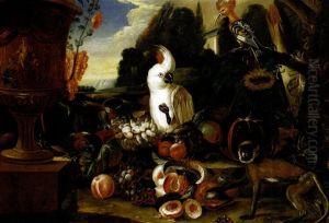 Cockatoo, parrot and other birds and a gibbon on a chain with grapes, peaches and plums