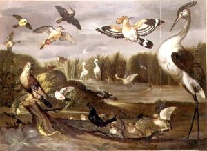 River landscape with a jay, a stonechat, a mallard, a wagtail and other birds by Franz de Hamilton