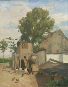A farmhouse exterior with hens. by Marius Hammann