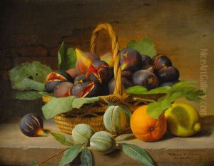 Still-life of figs in a basket and fruit on a ledge