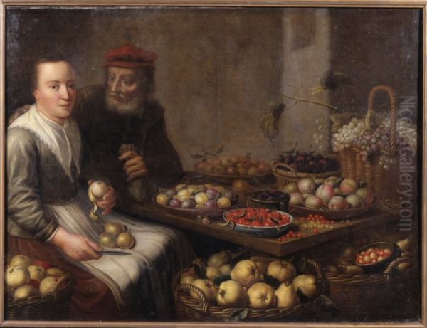 Young woman peeling a pear at a table with various fruits, an old man with a money bag adressing her - view 1