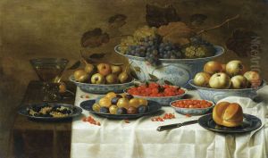 Still life with fruits in Delft porcelain by Floris van Schooten