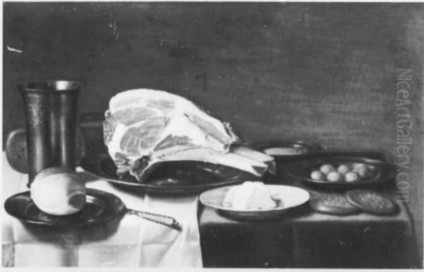 Still life with bread, meat and olives - view 1