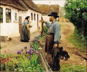 "The Fisherman". A fisherman offering a fresh northern pike to an old woman. by H. A. Brendekilde