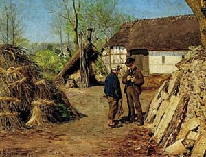 A young farmer's son talking to a peasant boy. A young farmer's son talking to a peasant boy.