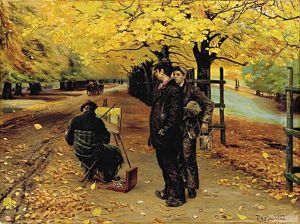 A painter at his easel on an autumn day in Dyrehaven, near Copenhagen. by H. A. Brendekilde