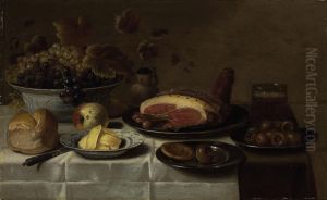 Still life with grapes, an apple, ham, medlars, bread and butter on a draped table