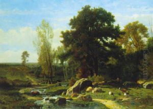 Bergere et son troupeau au bord du ruisseau by Hector Hanoteau