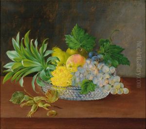 Pineapple, grapes and pears in a glass bowl on a ledge. by Hanne Hellesen