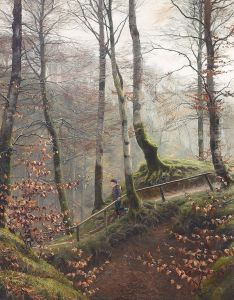 A boy walking through a Danish wood. by Hans Agersnap