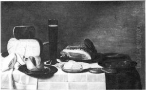 Still life of a laid table with cheese by Floris van Schooten