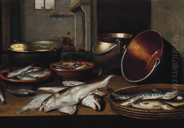 A kitchen interior with fish and utensils on a table - view 1