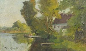 River landscape with a house. by Hans Agersnap
