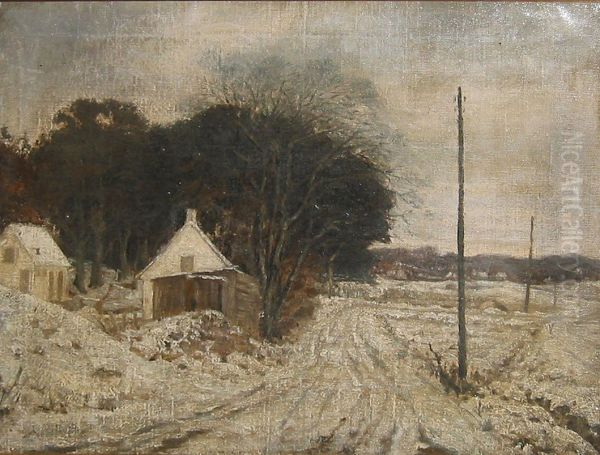 Winter landscape with a road passing houses and trees. - view 1