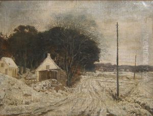 Winter landscape with a road passing houses and trees. by Hans Agersnap