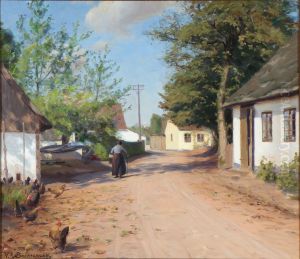 An elderly woman in a village street