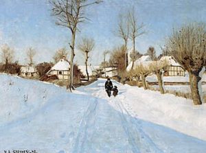 An old man and a little girl between thatched houses. by H. A. Brendekilde