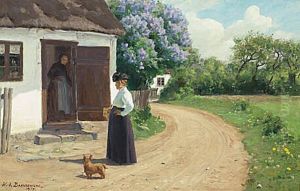Two women talking on a village road. Two women talking on a village road.