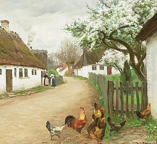 Village street with hens and two women talking. - view 1