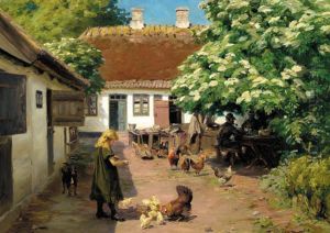 Little girl feeding the chicken in the farmyard, two farmers enjoying their lunch under an eldertree in bloom. by H. A. Brendekilde
