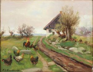 Farmhouse exterior with chickens by H. A. Brendekilde