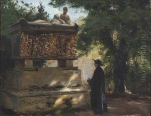 A catholic priest in front of a sarcophagus by H. A. Brendekilde
