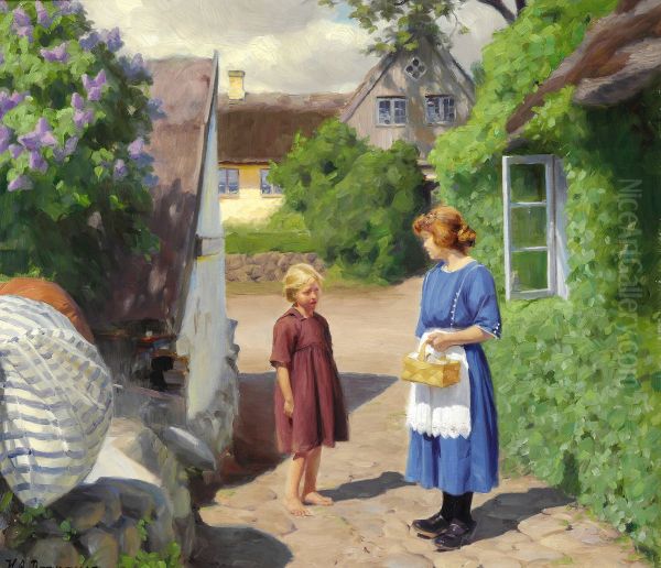 Summer day in Jyllinge. Lilacs in bloom and little girls in the village street - view 1