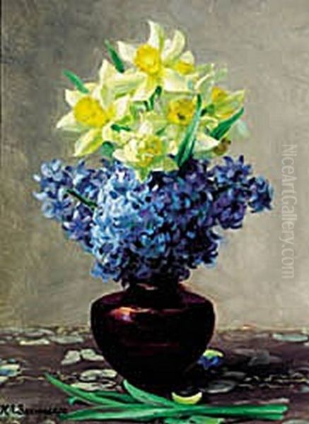 Lent lilies and hyacinths in a jar. - view 1
