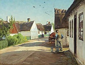 A summer day in a village with a man standing near some milk cans. A summer day in a village with a man standing near some milk cans.
