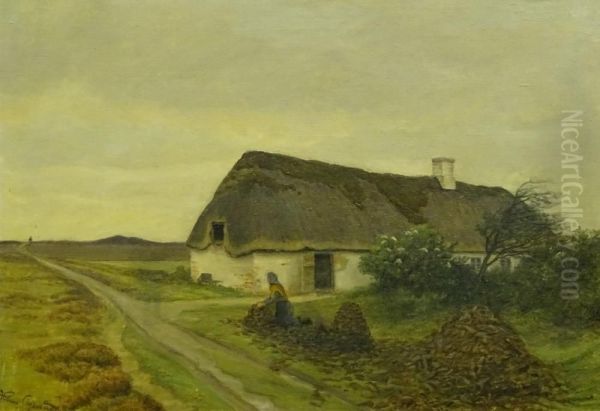 Country landscape with figures and thatched cottage. - view 1