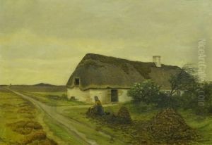 Country landscape with figures and thatched cottage. Country landscape with figures and thatched cottage.