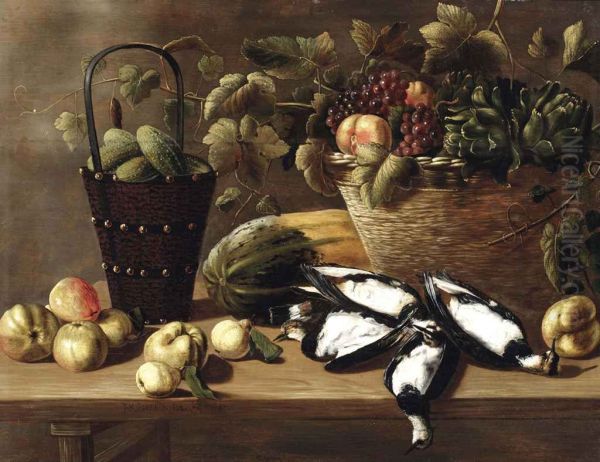Apples, pears, a melon, a bucket with gherkins and a basket with grapes, peaches and artichokes, all on a wooden table with four lapwings - view 1