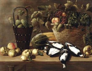 Apples, pears, a melon, a bucket with gherkins and a basket with grapes, peaches and artichokes, all on a wooden table with four lapwings by Johannes Kuveenis