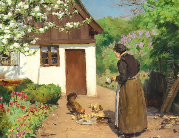 A woman feeding hens in front of a white chalked farmhouse on an summer day. - view 1