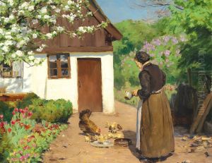 A woman feeding hens in front of a white chalked farmhouse on an summer day. by H. A. Brendekilde