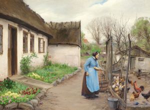 A woman feeding hens in front of a white chalked farmhouse on an autumn day. A woman feeding hens in front of a white chalked farmhouse on an autumn day.