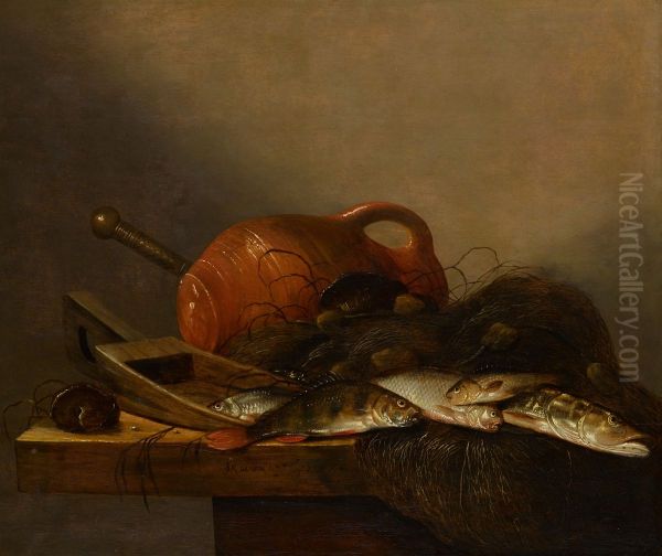 Still life with various fish, a shell, an earthenware jug, and fishnet - view 1