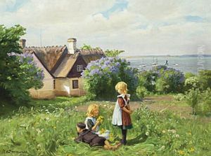 Summer at Roskilde Fjord with children make flower wreaths. by H. A. Brendekilde