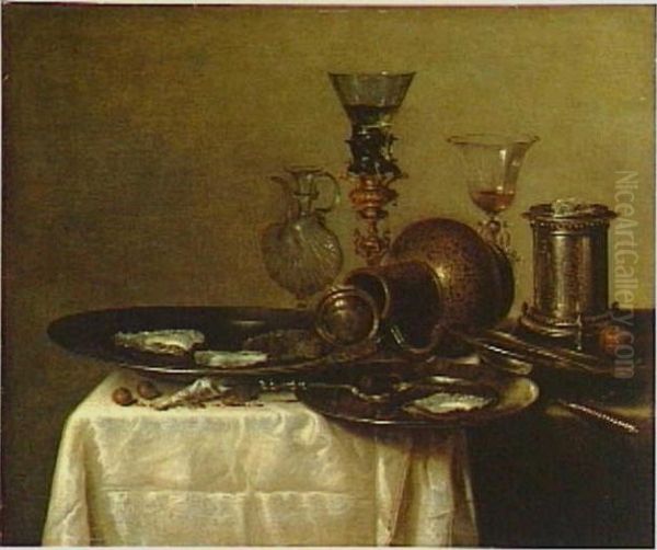 Stilleven met drinkglazen, een liggende steengoed kan, schalen met oesters en een zoutvat - view 1