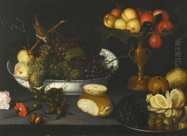 Still-life with grapes in a porcelain bowl, fruie in a gilt tazza and other objects - view 1