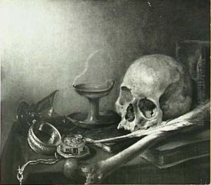 Vanitasstilleven met schedel, gebroken glas en horloge by Pieter Claesz