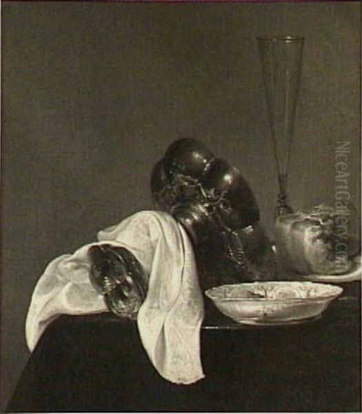 Still life with tazza, porcelain, wine glass and bread - view 1