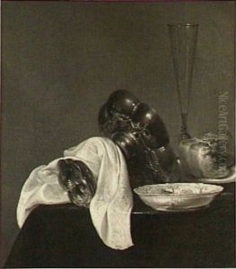 Still life with tazza, porcelain, wine glass and bread by Jan Treck