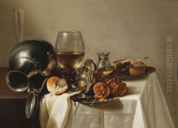 Banquet still life with a rummer of wine, a toppled-over pewter jug, precious vessels, a pastry and a roll - view 1