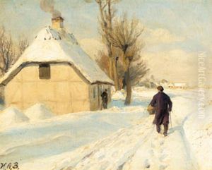 Winter day near a thatched house. A man is walking by on the snow covered road.