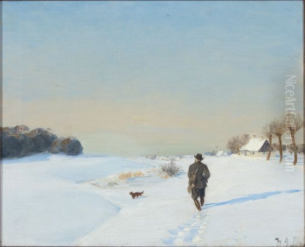 Winter landscape with a hunter and his dog on a sunny day - view 1