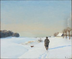 Winter landscape with a hunter and his dog on a sunny day Winter landscape with a hunter and his dog on a sunny day